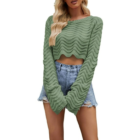 UYISJ Women's Long Sleeve Crop Tops Bell Sleeve Crew Neck Hollow Out Cover Up Solid Color Loose Fit Sweater Knitted Pullover Top Green S
