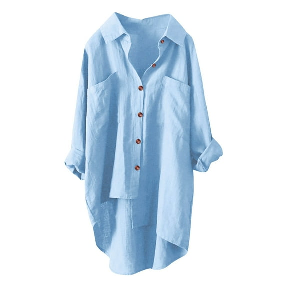 UYISJ Women's Long Sleeve Shirts Button Down Blouse Cotton Tunic High Low Tops Casual Lapel Collar Shirt with Pockets Light Blue XL