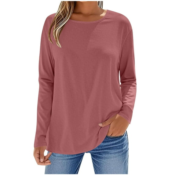 UYISJ Women's Long Sleeve Shirts Crew Neck Basic Tops Casual Loose Fit Tees Outfits Fall Clothes Pink M