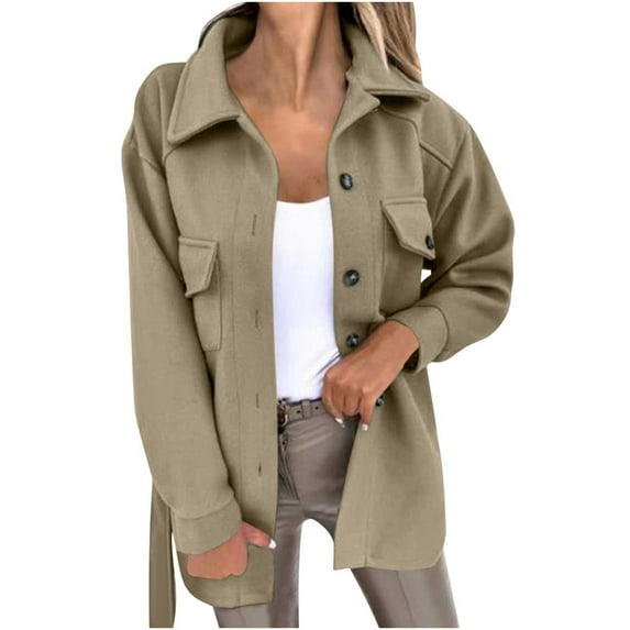 UYISJ Women's Loose Shacket Coats Turn Down Lapel Single Breasted Short Pea Coat Loose Fit Button Down Jacket Khaki M