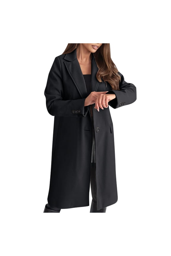Women's Notch Lapel Overcoats Double Breasted Wool Blend Mid Long Pea Trench Coat Fall Loose Fit Outerwear with Pockets XL