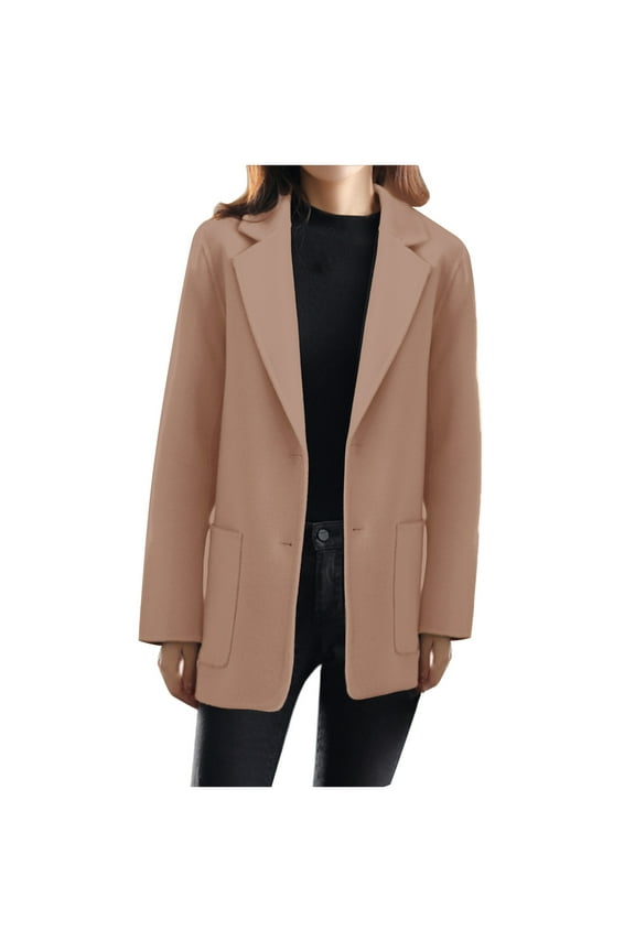 Women's Notched Lapel Blazer Coats Double Breasted Fall Winter Outerwear Wool Blend Pea Coats Casual Long Trench Coat Brown XXL