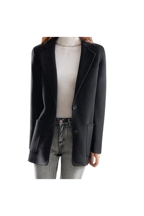 Women's Notched Lapel Blazer Coats Double Breasted Fall Winter Outerwear Wool Blend Pea Coats Casual Long Trench Coat L