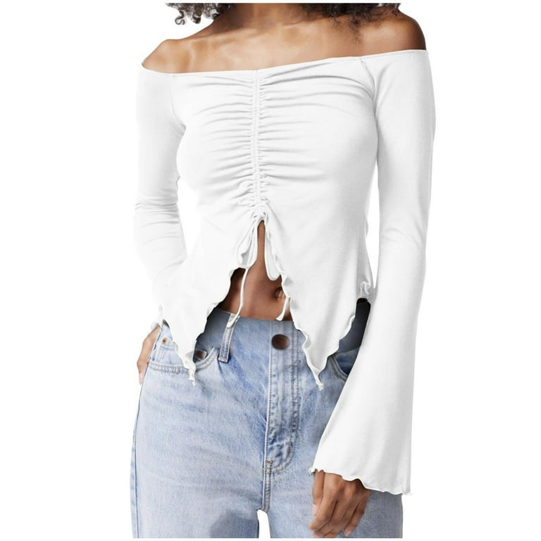 UYISJ Women s Off Shoulder Drawstring Ruched Crop Top Y2K Split Hem Tie Front Long Sleeve T Shirts Top Walmart