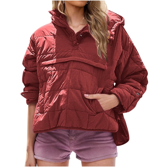 UYISJ Women's Oversized Pullover Puffer Jacket Long Sleeve Quilted Hoodies Winter Coats Outerwear Theraml Hooded Top Dark Red M