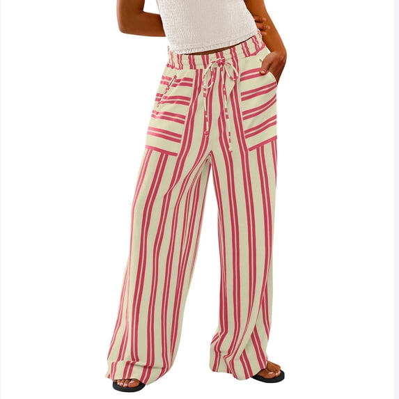 UYISJ Women's Palazzo Pants Striped Printing Wide Leg Trousers High Waist Casual Comfy Loose Fit Pants with Pockets Red XXL