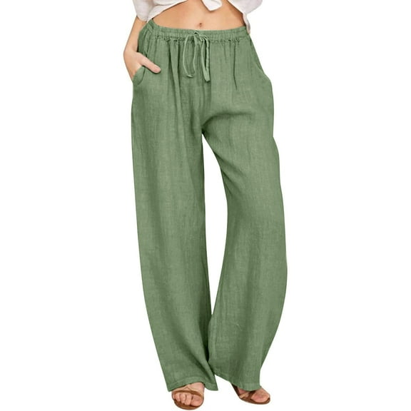 UYISJ Women's Pants Summer Wide Leg Casual Dressy Loose Fit Drawstring High Waist Palazzo Pants Solid Color Trousers with Pockets Green L