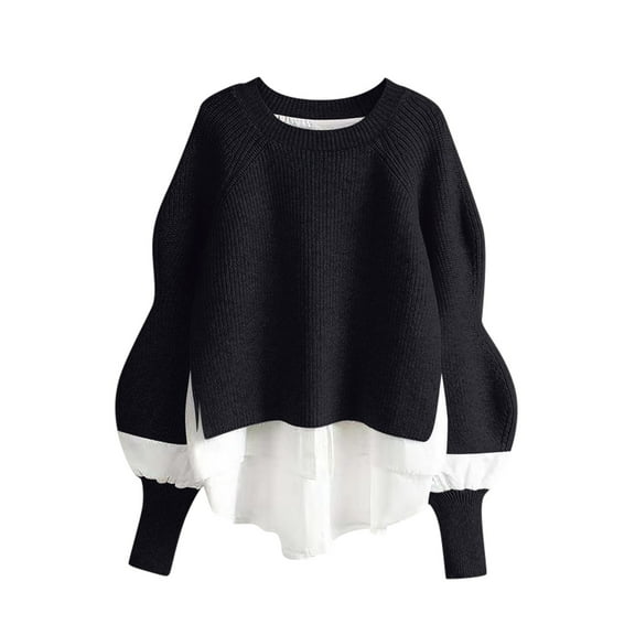 UYISJ Women's Patchwork Tunic Sweaters Loose Crewneck Casual Long Sleeve Pullover Irregular Hem Jumper Color Blocked Tops Free Size