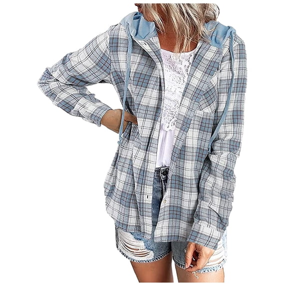 UYISJ Women's Plaid Hoodie Long Sleeve Jacket Button Drawstring Casual Fall Shirts Full Zipper Outerwear with Pocket Light Blue XL