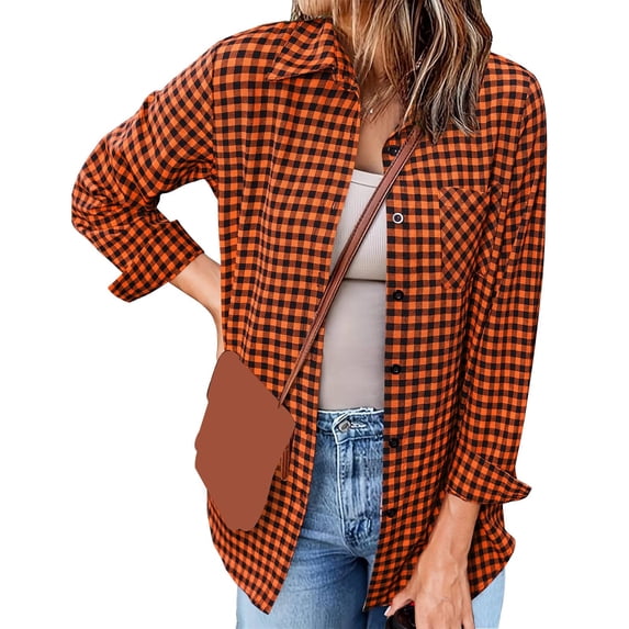 UYISJ Women's Plaid Hoodie Long Sleeve Jacket Button Drawstring Casual Fall Shirts Full Zipper Outerwear with Pocket Orange XXL