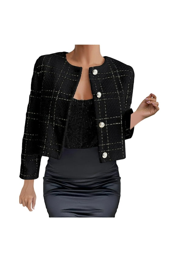 Women's Plaid Long Sleeve Coats Round Neck Button Down Crop Jacket Single Breasted Short Coat Fall Solid Color Top L