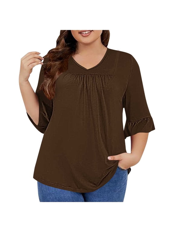 Women's Plus Size Tops 3/4 Ruffled Sleeve Shirts Casual V Neck Tunic Tops Pleated Front Hide Tummy Tshirt Loose Fit Blouses Brown 3XL
