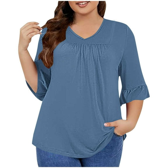 UYISJ Women's Plus Size Tops 3/4 Ruffled Sleeve Shirts Casual V Neck Tunic Tops Pleated Front Hide Tummy Tshirt Loose Fit Blouses Navy 3XL