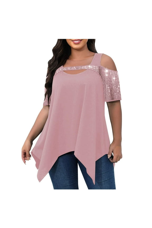Women's Plus Size Tops Summer Cold Shoulder Short Sleeve T Shirts Casual Loose Fit Flowy Tunics Blouse