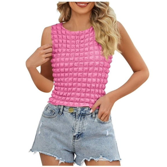 UYISJ Women's Popcorn Crop Tops Sleeveless Crew Neck Shirt Cute Stretchy Going Out Trendy 2024 Camisole Tank Tops