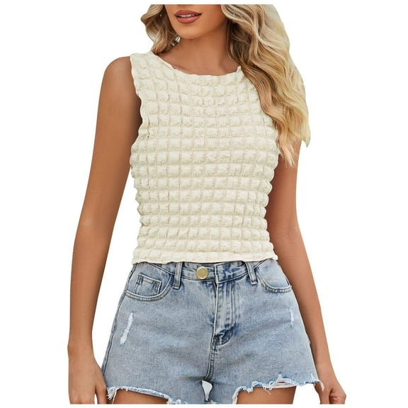 UYISJ Women's Popcorn Crop Tops Sleeveless Crew Neck Shirt Cute Stretchy Going Out Trendy 2024 Camisole Tank Tops