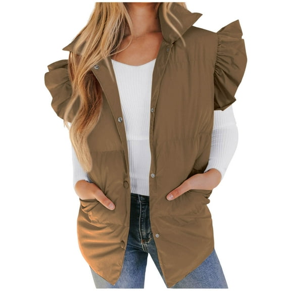 UYISJ Women's Puffer Vests Ruffle Sleeve Winter Button Down Waistcoats Mockneck Padded Gilet Sleeve Tops with Pockets Brown XL