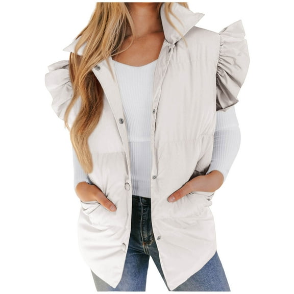 UYISJ Women's Puffer Vests Ruffle Sleeve Winter Button Down Waistcoats Mockneck Padded Gilet Sleeve Tops with Pockets M