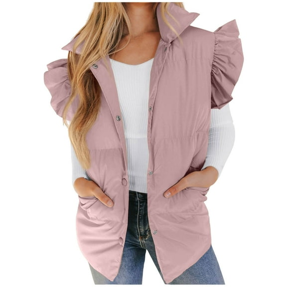 UYISJ Women's Puffer Vests Ruffle Sleeve Winter Button Down Waistcoats Mockneck Padded Gilet Sleeve Tops with Pockets Pink S