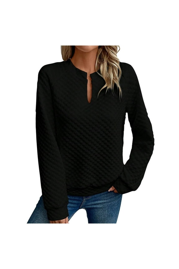 Women's Quilted Texture Sweatshirts V Neck Long Sleeve T Shirts Solid Color Casual Loose Fashion Pullover Tops L