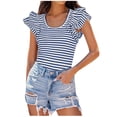 thumbnail image 1 of UYISJ Women's Ruffle Short Sleeve Striped T Shirts 2024 Summer Scoop Neck Slim Fitted Causal Basic Summer Tee Tops Blue M, 1 of 9