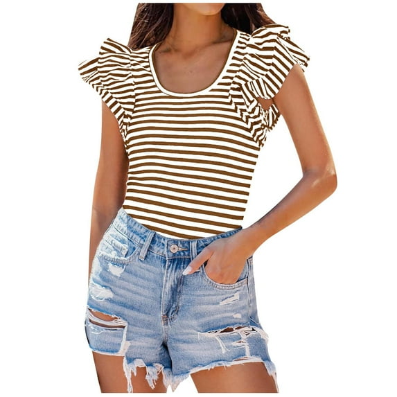 UYISJ Women's Ruffle Short Sleeve Striped T Shirts 2024 Summer Scoop Neck Slim Fitted Causal Basic Summer Tee Tops Coffee XXL