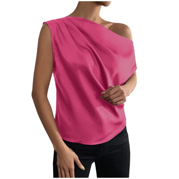 UYISJ Women's Satin Off The Shoulder Short Sleeve Asymmetrical Neck Ruched Work Office Blouse Top