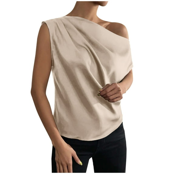 UYISJ Women's Satin Off The Shoulder Short Sleeve Asymmetrical Neck Ruched Work Office Blouse Top