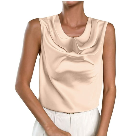UYISJ Women's Satin Silk Tank Tops Cowl Neck Drape Ruched Front Sleeveless Camisole Tops Dressy Shirts Beige M