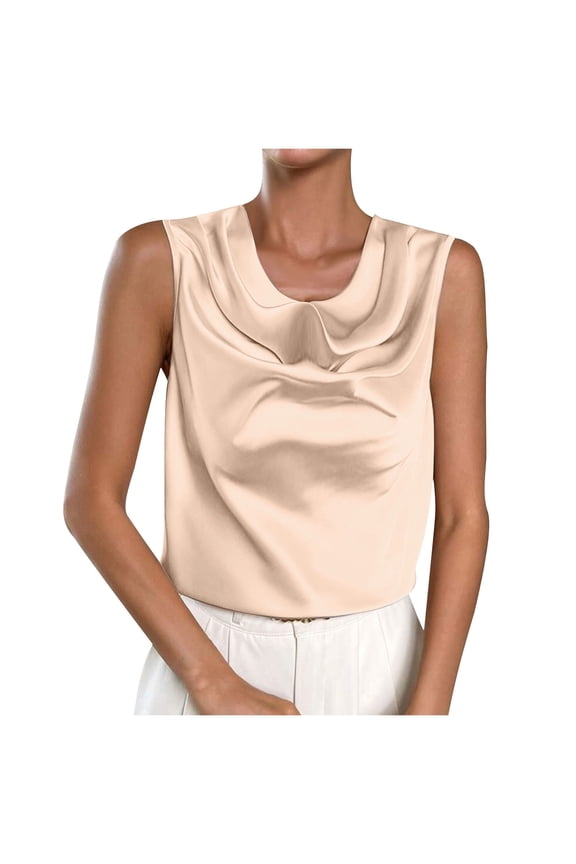 Women's Satin Silk Tank Tops Cowl Neck Drape Ruched Front Sleeveless Camisole Tops Dressy Shirts Beige M