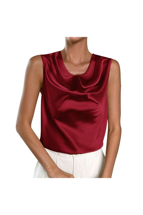 Women's Satin Silk Tank Tops Cowl Neck Drape Ruched Front Sleeveless Camisole Tops Dressy Shirts Wine Red S