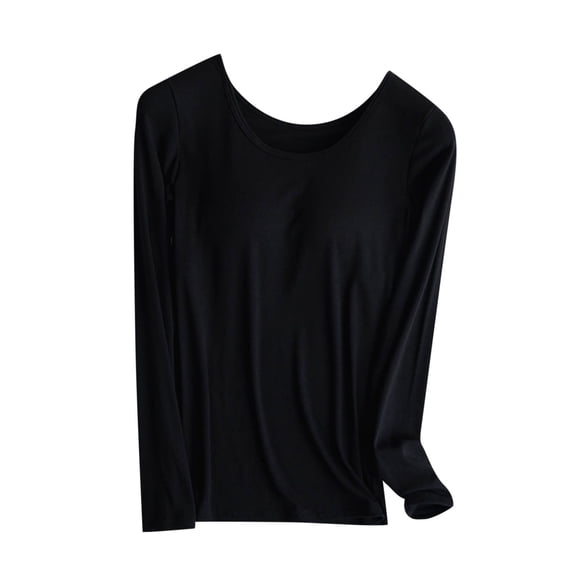 UYISJ Women's Scoop Neck Long Sleeve Shirt with Built in Bra Slim Fit Basic Solid Color Padded Top Pullover Base Layer Tee L