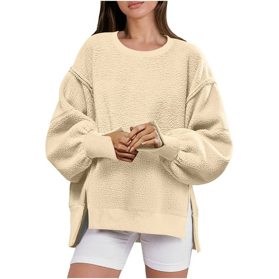 UYISJ Women's Sherpa Fleece Sweatshirts Oversized Long Sleeve Thick Warm Pullover Sweater Fall Thermal Solid Color Shirts Khaki S