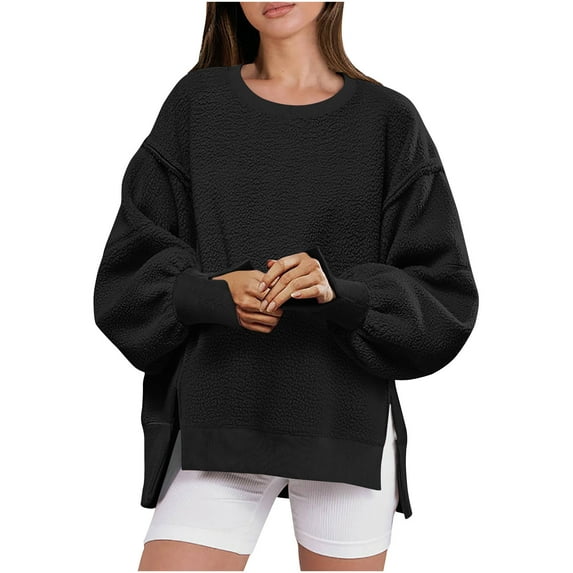 UYISJ Women's Sherpa Fleece Sweatshirts Oversized Long Sleeve Thick Warm Pullover Sweater Fall Thermal Solid Color Shirts L