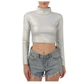 thumbnail image 1 of UYISJ Women's Shiny Metallic Liquid Crop Top Long Sleeve Mock Neck Turtleneck Slim Fitted Crop Top Clubwear Going out Shirts Gray S, 1 of 7