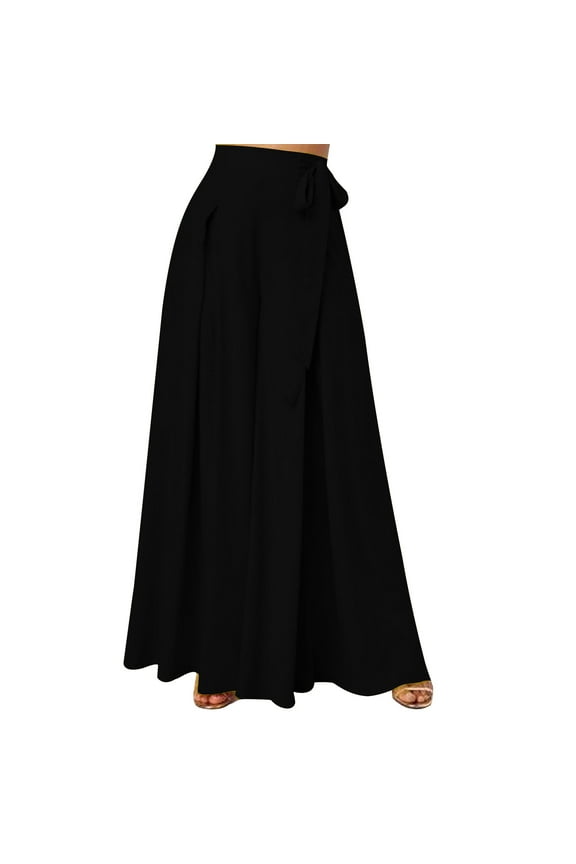 Women's Side Knot Tie Waist Trousers Wide Leg Long Pants Pleated High Waist Full Length Elegant Work Wear Palazzo Pants S