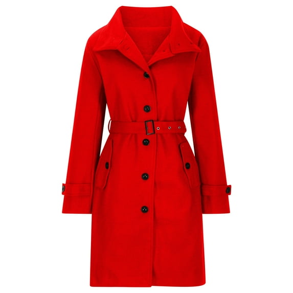 UYISJ Women's Single Breasted Pea Coats Stand Collar Wool Coat Business Casual Mid Long Winter Pea Coat Fall Solid Color Tops Red M