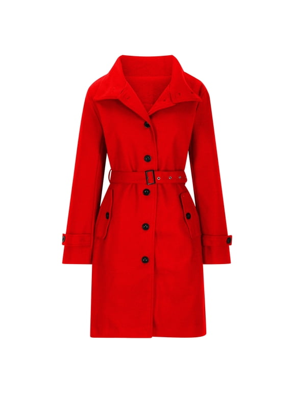 Women's Single Breasted Pea Coats Stand Collar Wool Coat Business Casual Mid Long Winter Pea Coat Fall Solid Color Tops Red M