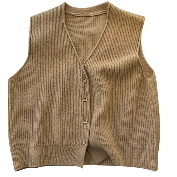 UYISJ Women's Sleeveless Sweater Vest Button Front V Neck Knitted Coats Casual Fall Solid Color Outerwear Khaki Free Size