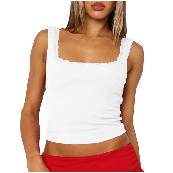 UYISJ Women's Square Neck Camisole Sleeveless Eyelet Lace Trim Tank Tops Cute Summer Ribbed Knit Going Out Tops White M