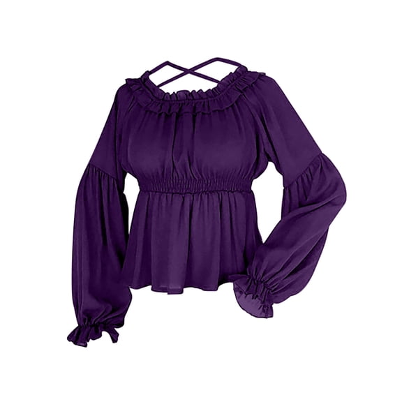 UYISJ Women's Square Neck T Shirts Shirred Ruffle Hem Long Sleeve Blouse Shirt Casual Elastic Waist Peplum Top Purple XL