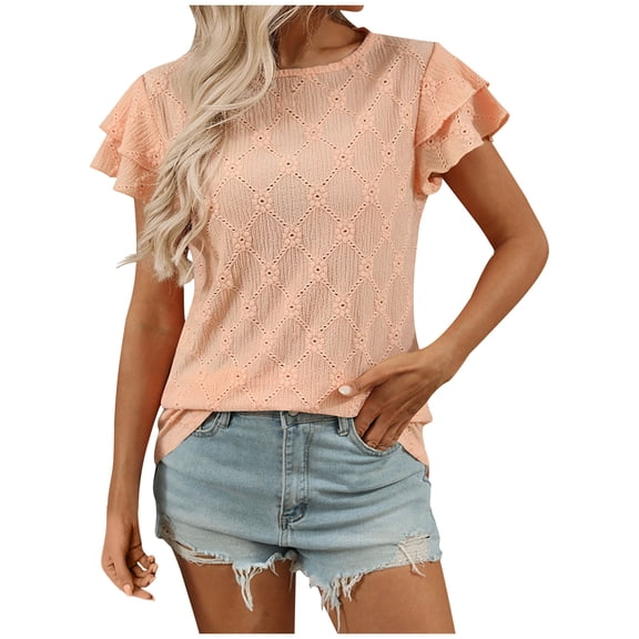 UYISJ Women's Summer Eyelet Tops Crew Neck Layered Ruffle Short Sleeve Dressy Casual Trendy T Shirts Embroidered Hollow Out Boho Blouses L