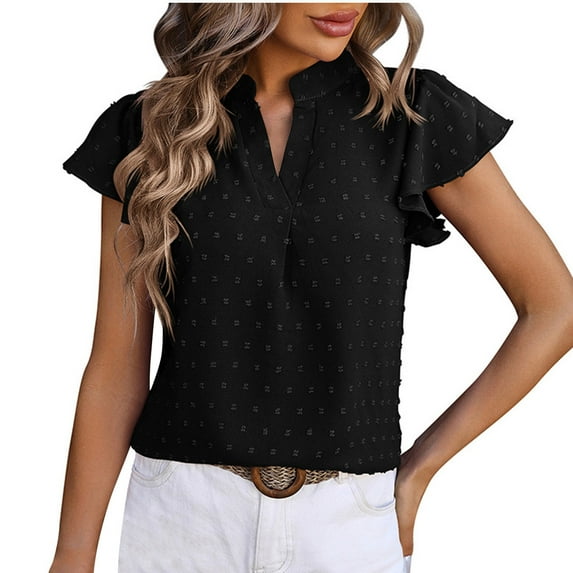 UYISJ Women's Summer Ruffle Short Sleeve Blouse V Neck Swiss Dot Flowy Shirt Tunic Top