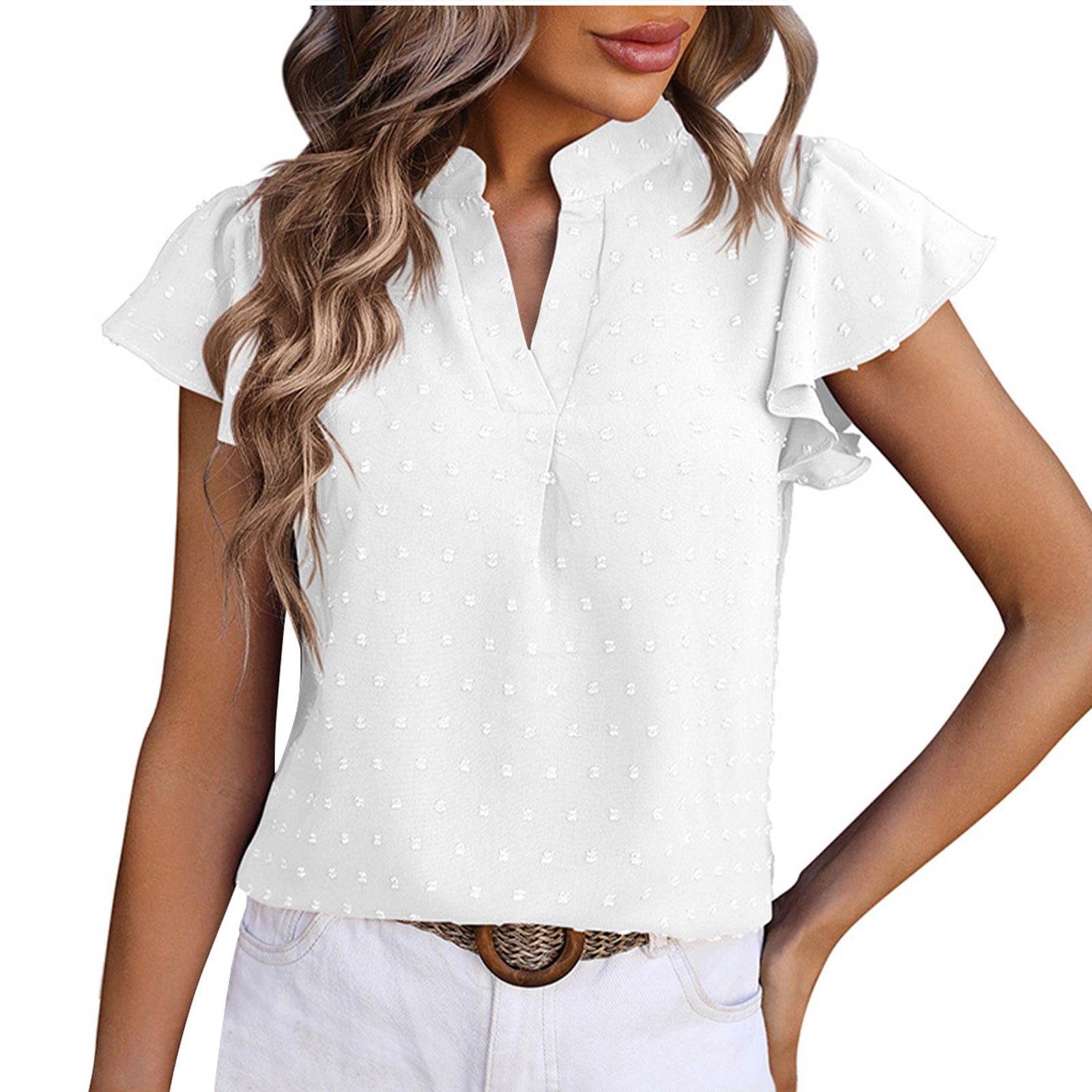 UYISJ Women's Summer Ruffle Short Sleeve Blouse V Neck Swiss Dot Flowy ...