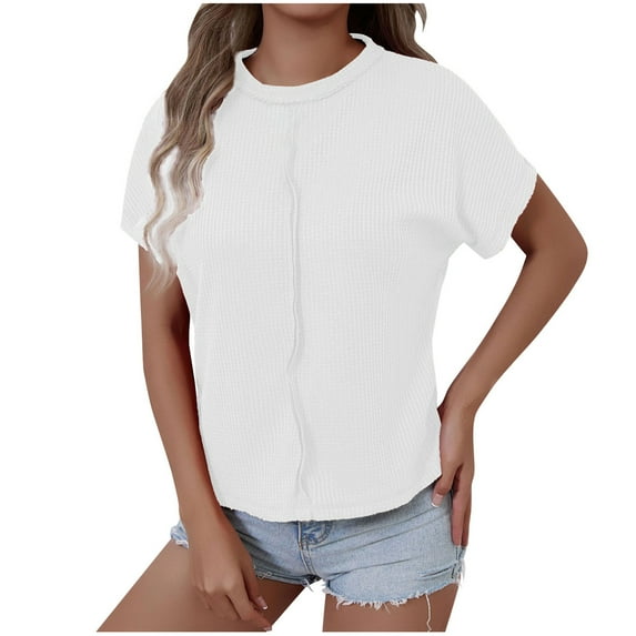 UYISJ Women's Summer Tops Waffle Knit Crewneck Short Sleeve T-Shirt Casual Loose Breathable 2025 Trendy Tees XL