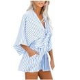 thumbnail image 1 of UYISJ Women's Summer Trendy Casual Rompers V Neck Tie Front Short Jumpsuits Striped 3/4 Sleeve Loose Rompers With Pockets Light Blue M, 1 of 7