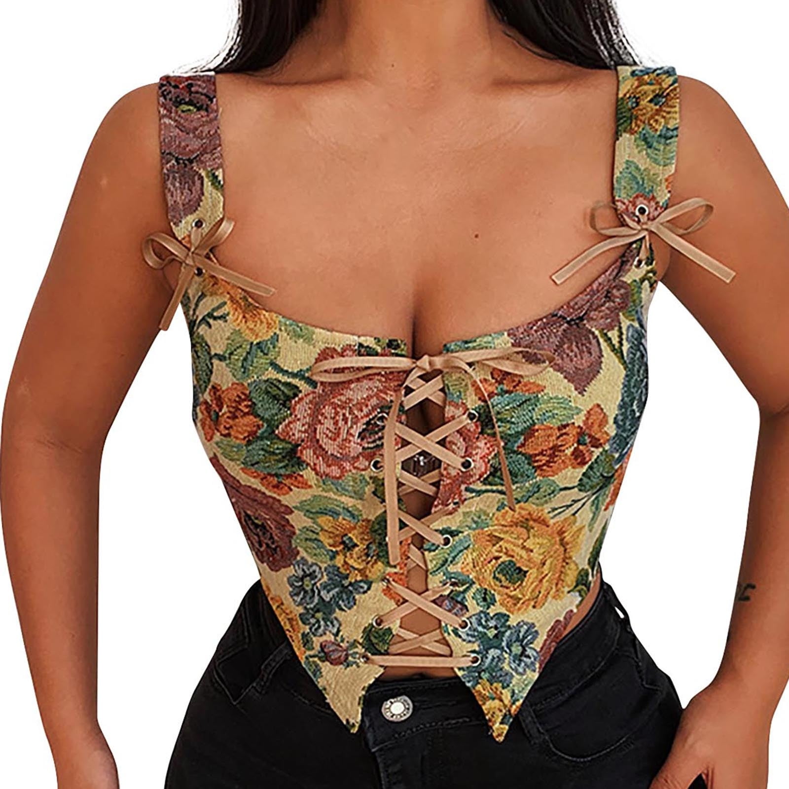 UYISJ Women's Summer Vintage Floral Corset Top Y2k Tops Sleeveless Lace Up Drawstring Crop Top