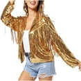 thumbnail image 1 of UYISJ Women's Tassel Sequin Jacket Long Sleeve Fringe Denim Jacket Cowboy Style Lapel Collar Coat Casual Solid Color Tops Gold L, 1 of 3