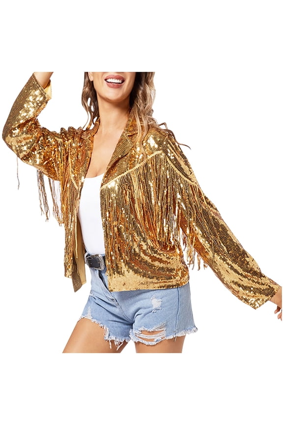 Women's Tassel Sequin Jacket Long Sleeve Fringe Denim Jacket Cowboy Style Lapel Collar Coat Casual Solid Color Tops Gold L