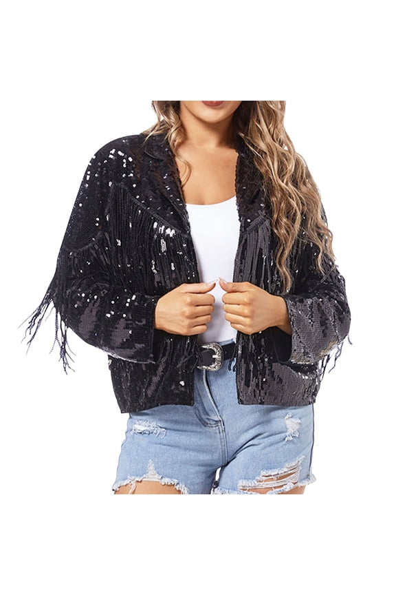 Women's Tassel Sequin Jacket Long Sleeve Fringe Denim Jacket Cowboy Style Lapel Collar Coat Casual Solid Color Tops M